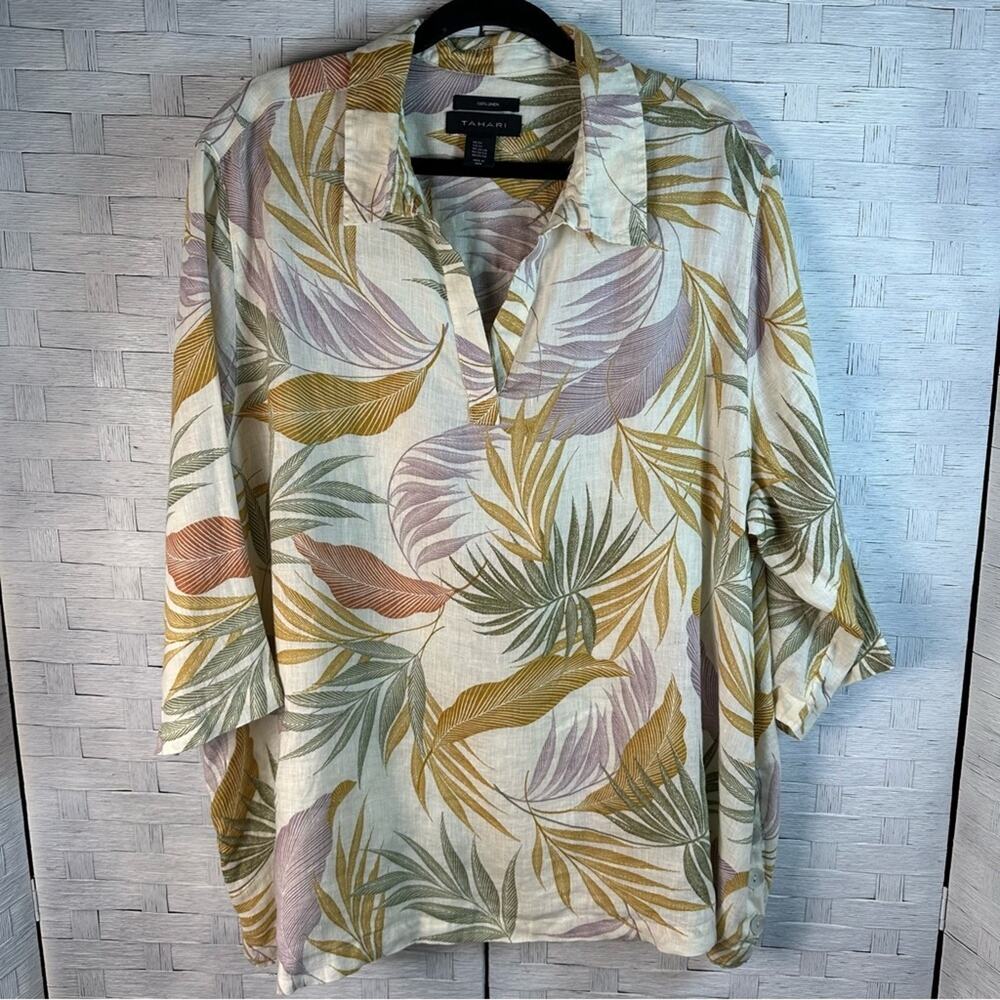Tahari Women's‎ 100% Linen Tropical Palm Print Tunic Shirt Plus Size